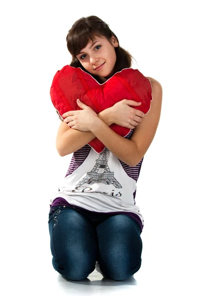 Beautiful Girl Sitting Holding Red Heart — Stock Photo, Image