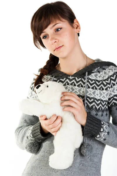 Retrato Uma Menina Bonita Com Brinquedo Isolado Branco — Fotografia de Stock