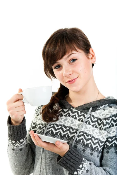 Beautiful Girl Holding Cup Tea Isolated White — Stock Photo, Image
