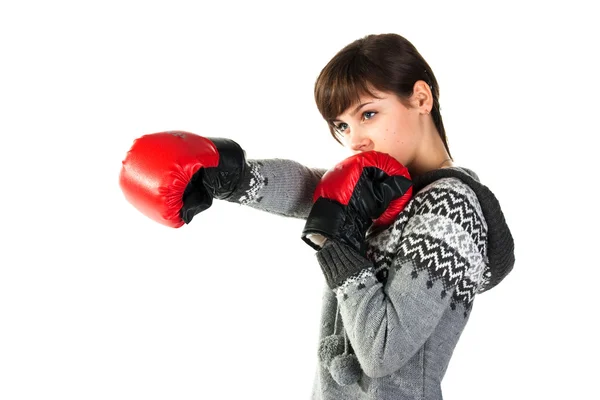 Vacker Flicka Boxning Handskar Stansning Isolerad Vit — Stockfoto
