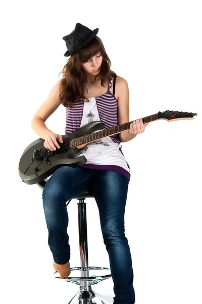 Beautiful Girl Playing Guitar Isolated White — Stock Photo, Image