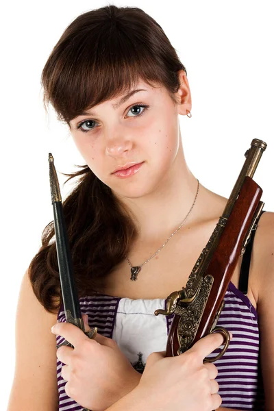 Beautiful Girl Gun Knife Posing Isolated White — Stock Photo, Image