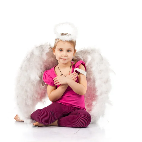 Piękna Dziewczyna Skrzydła Anioła Nimb Białym Tle — Zdjęcie stockowe