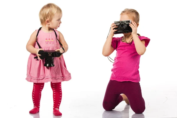 Дети Играющие Фотографы Изолированные Белом — стоковое фото