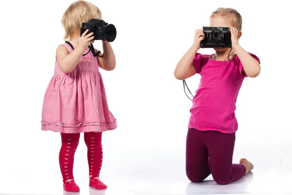 Crianças Brincando Como Fotógrafos Isolados Branco — Fotografia de Stock