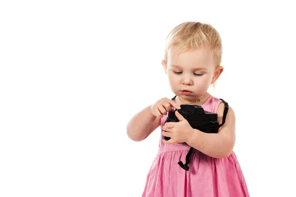 Criança Interpretando Fotógrafo Isolado Branco — Fotografia de Stock