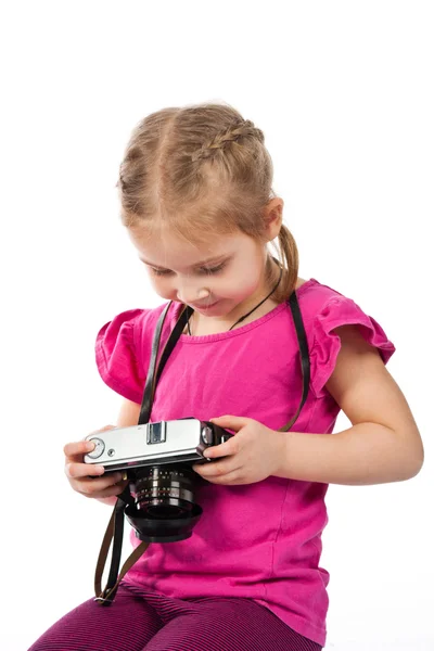 Mooi Meisje Spelen Een Fotograaf Geïsoleerd Wit — Stockfoto
