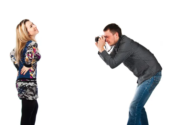 Man Photographing Beautiful Young Woman Isolated White — Stock Photo, Image