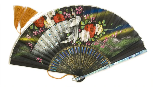 Open black fan with peacock — Stock Photo, Image