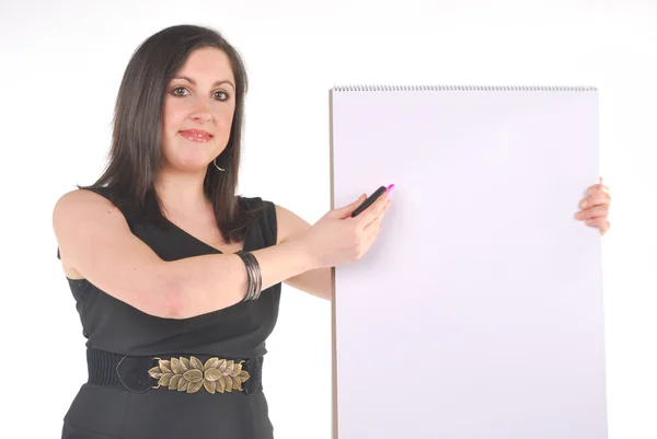 Mulher de negócios com flip chart em branco e caneta — Fotografia de Stock