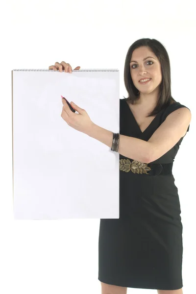 Obchodní žena s úsměvem a prázdné flip chart — Stock fotografie