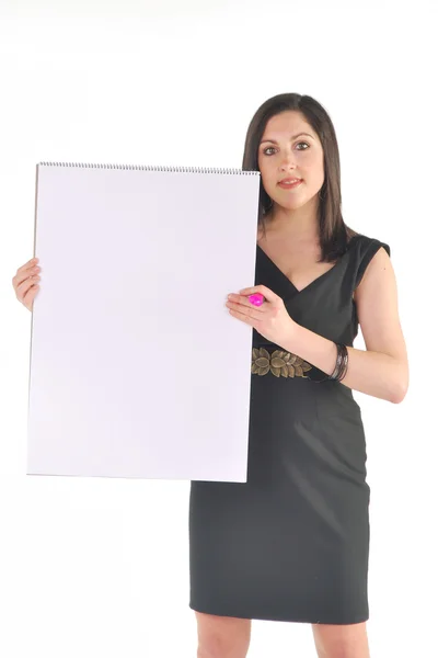 Biznes kobieta z pustą tablicę typu flip chart uśmiechający się — Zdjęcie stockowe