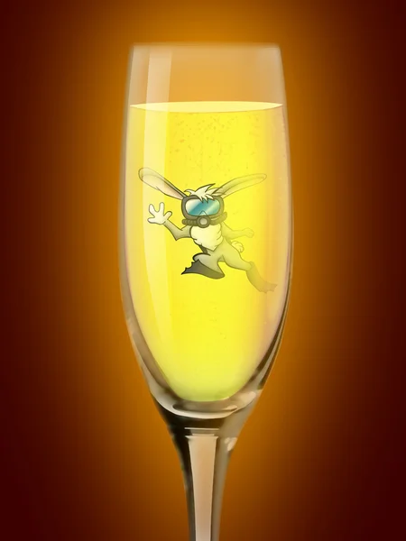 Rabbit diver in the glass of champagne — Stock Photo, Image