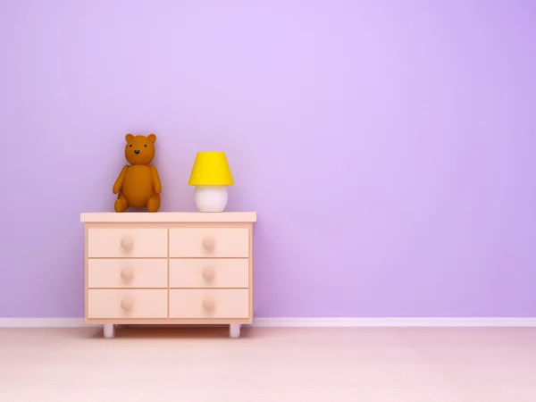 Nachttisch mit Lampe und Teddybär Stockbild