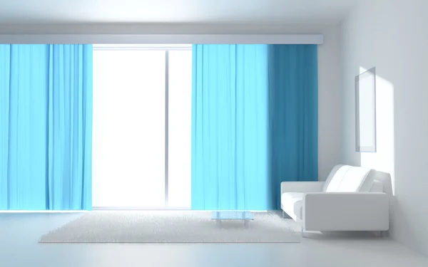 Sereno Interior Blanco Con Cortinas Azules Sofá Blanco —  Fotos de Stock