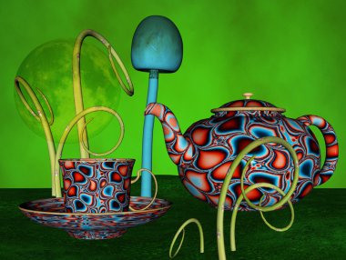 A beautiful and precious ancient china tea set in a fantasy illustation clipart