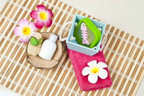 Spa washing set on bamboo mat — Stock Photo, Image