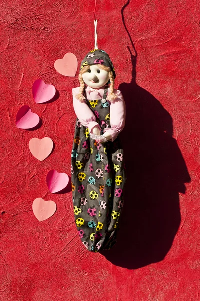 Cloth Doll Hanging Red Wall Heart Symbol Note Stick — Stock Photo, Image