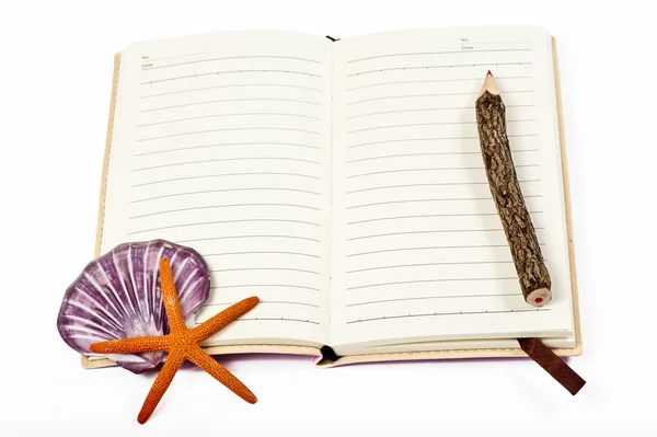 Cuaderno y estrella de mar naranja con lápiz de color aislado sobre fondo blanco — Foto de Stock