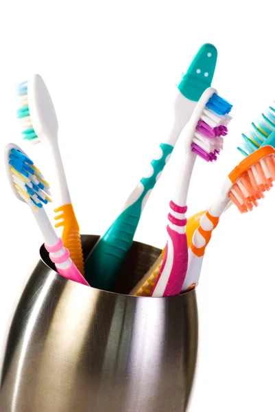 Group Toothbrushes Metal Cup — Stock Photo, Image