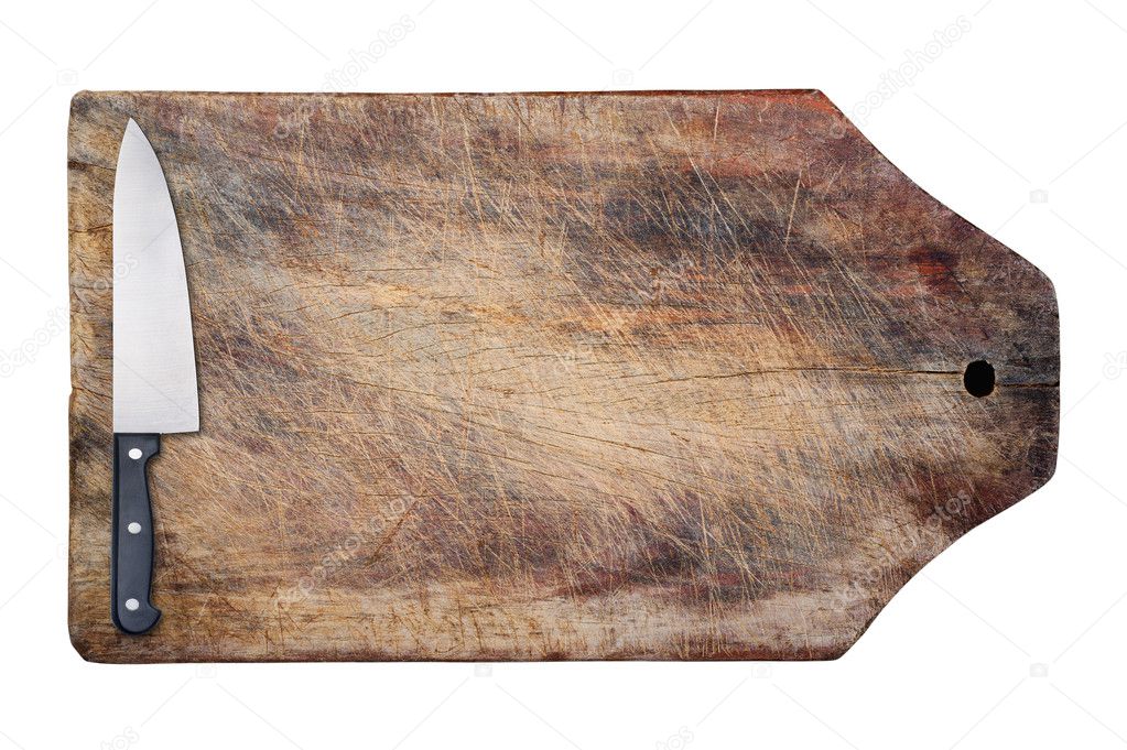 Kitchen knife on wooden table, isolated.