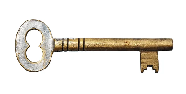 Vintage Messing Schlüssel Auf Weißem Hintergrund Clipping Pfad — Stockfoto