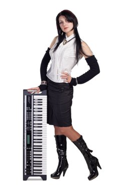 Beautiful girl staying with synthesizer isolated clipart