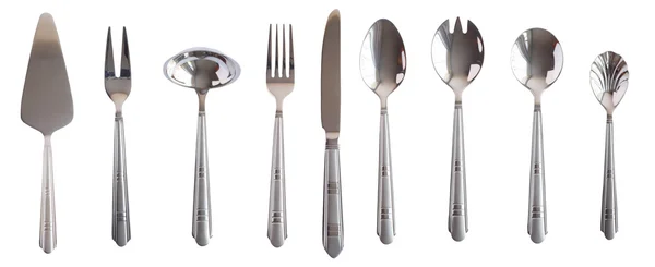 Prata mesa de cozinha conjunto colher garfo faca isolada — Fotografia de Stock