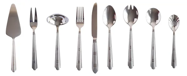 Tavolo da cucina argento set cucchiaio forchetta coltello isolato Foto Stock