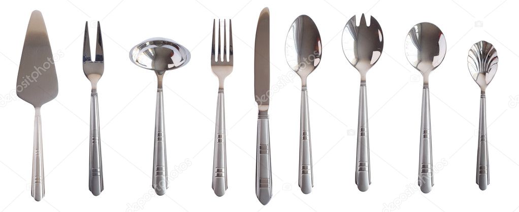 Silver kitchen table set spoon fork knife isolated