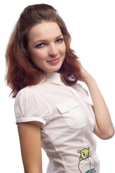Güzel kız beyaz izole bluz — Stok fotoğraf