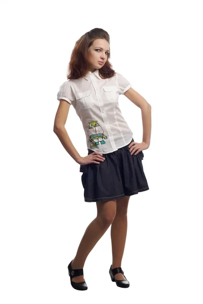 Girl in blouse and skirt standing isolated white — Stock Photo, Image