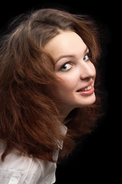 Girl looking surprised dishevelled hair isolated — Stock Photo, Image