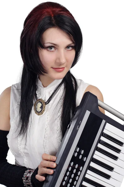 Beautiful girl with synthesizer isolated — Stock Photo, Image