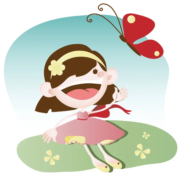 Malá dívka si hraje s motýl — Stockový vektor