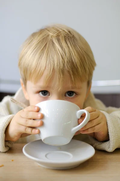Μικρό Αγόρι Που Πίνει Νερό Από Ένα Φλιτζάνι Τσάι Ένα Εικόνα Αρχείου
