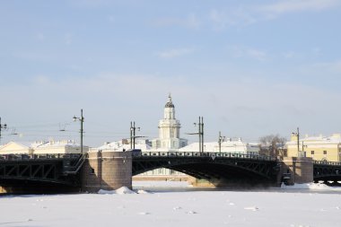 Palace Bridge and Kunstkammer. Attractions in St. Petersburg. Winter clipart