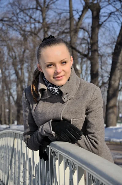 Retrato de uma jovem menina bonita na ponte no parque. Inverno — Fotografia de Stock
