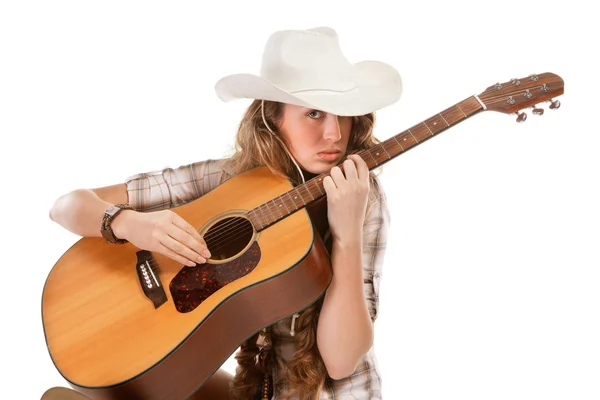 Sesy cowgirl cowboy kalapban, akusztikus gitár — Stock Fotó