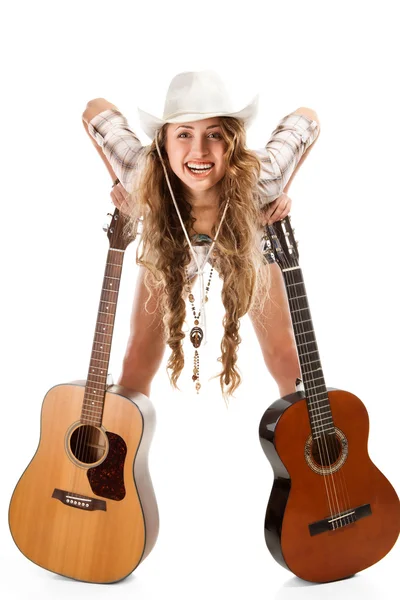 Sesy cowgirl cowboy kalapban, akusztikus gitár — Stock Fotó