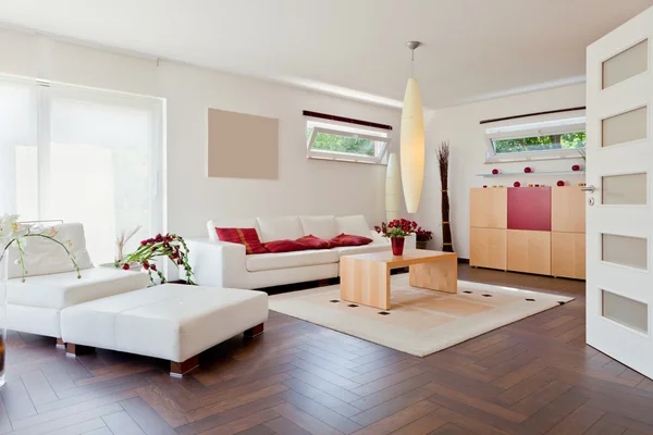 Современный дом, гостиная с современной мебелью — стоковое фото