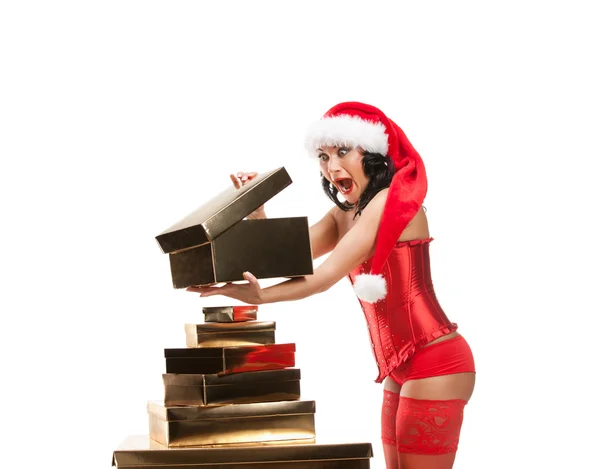 Piękne Boże Narodzenie kobieta w Santa kapelusz — Zdjęcie stockowe