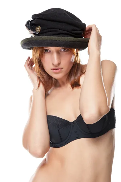 Pretty young woman with black bonnet — Stock Photo, Image