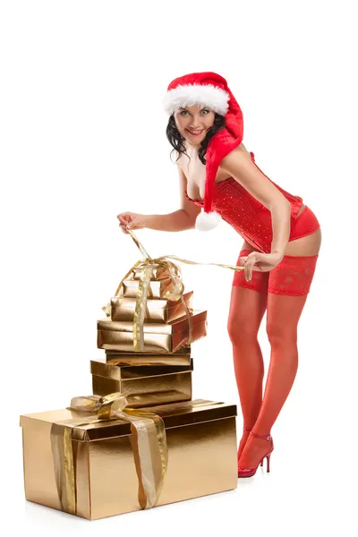Hermosa mujer de Navidad en sombrero de santa —  Fotos de Stock