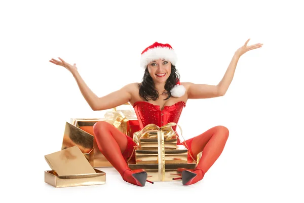 Bela mulher de Natal em santa chapéu — Fotografia de Stock
