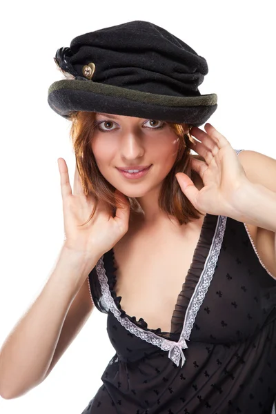 Hezká mladá žena s černým kloboukem — Stock fotografie