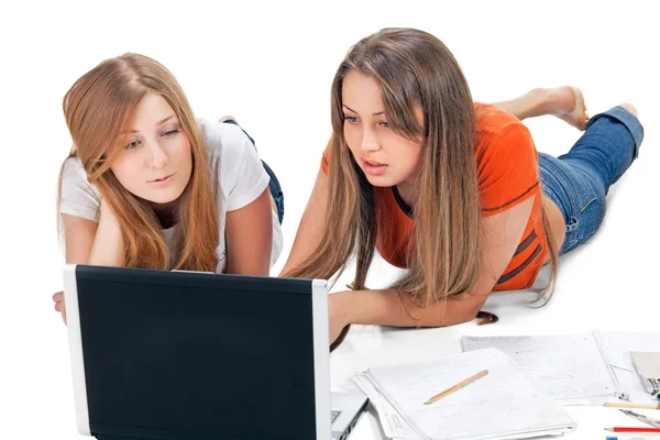 Két diák lány laptop — Stock Fotó