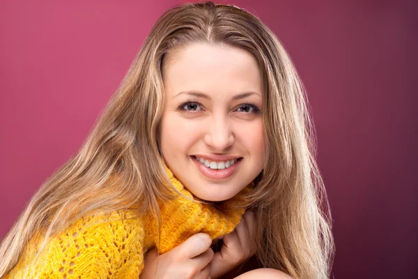 Perfect blonde on red background — Stock Photo, Image