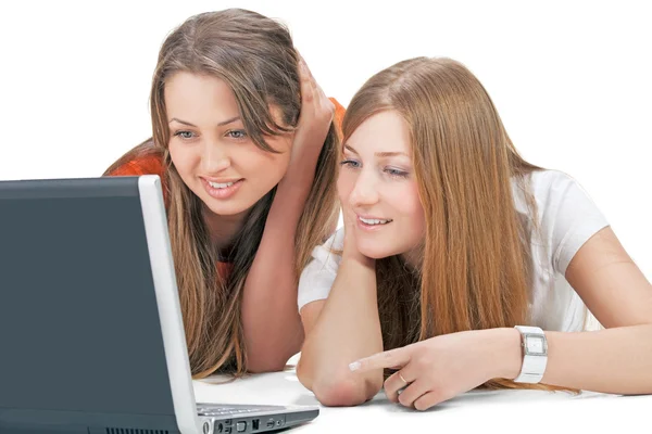Two student girl with laptop — Stock Photo, Image