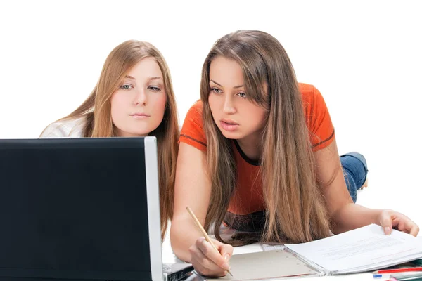 Two student girl with laptop — Stock Photo, Image